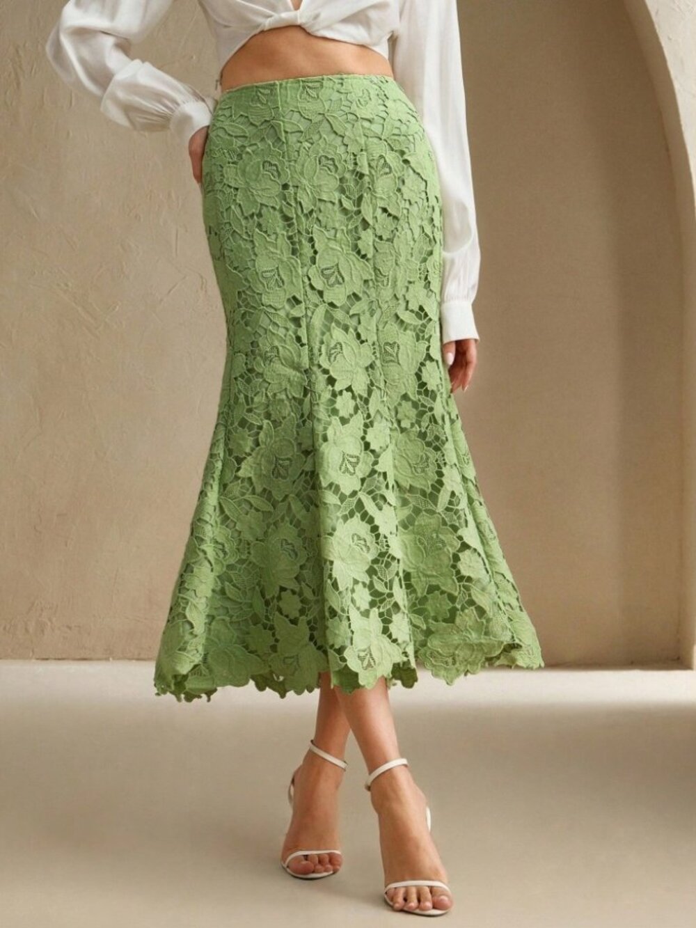 Sage Green Floral Lace Scalloped Hem Flared Midi Skirt